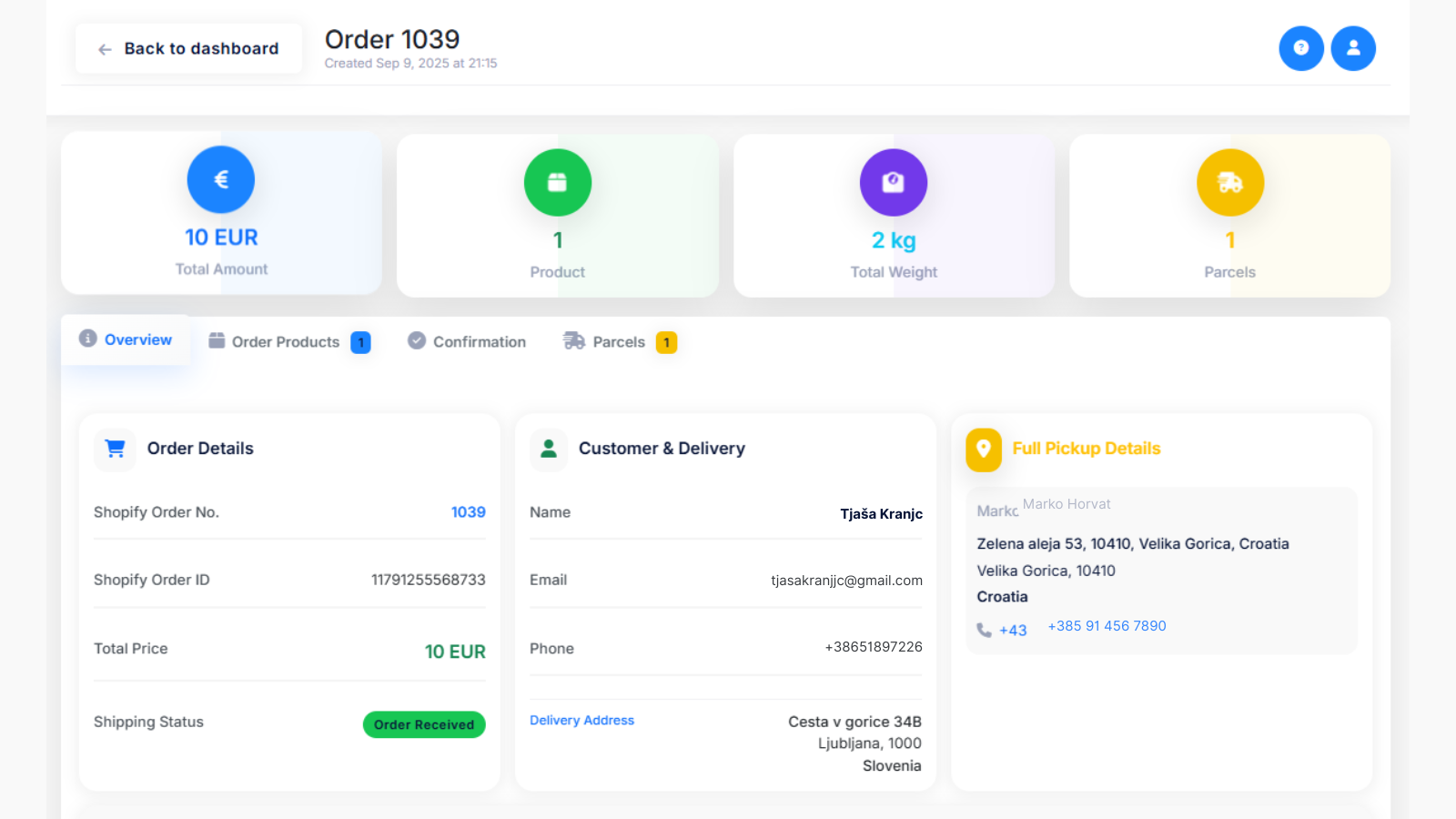 Order screen with product, weight, parcel, tracking