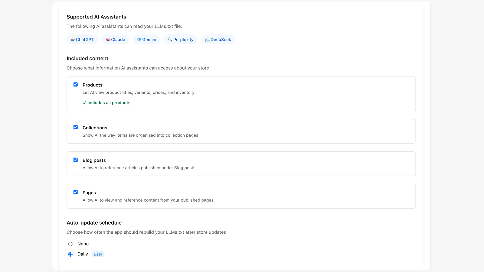 Supports all products, categories, and inventory information