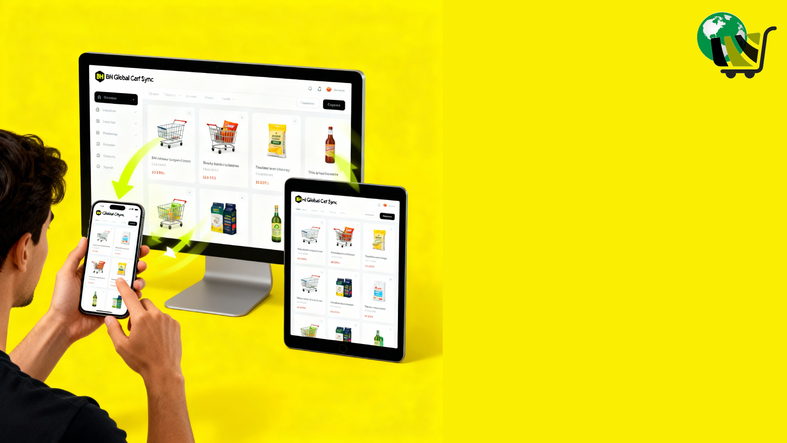 Multiple devices showing same cart, user interaction.