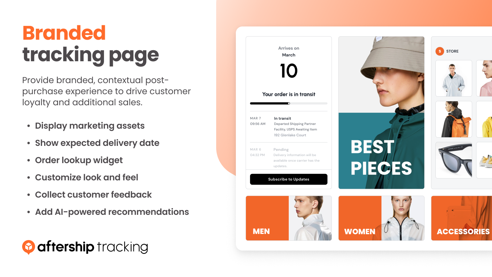 Branded tracking page, product recommendations, & social links