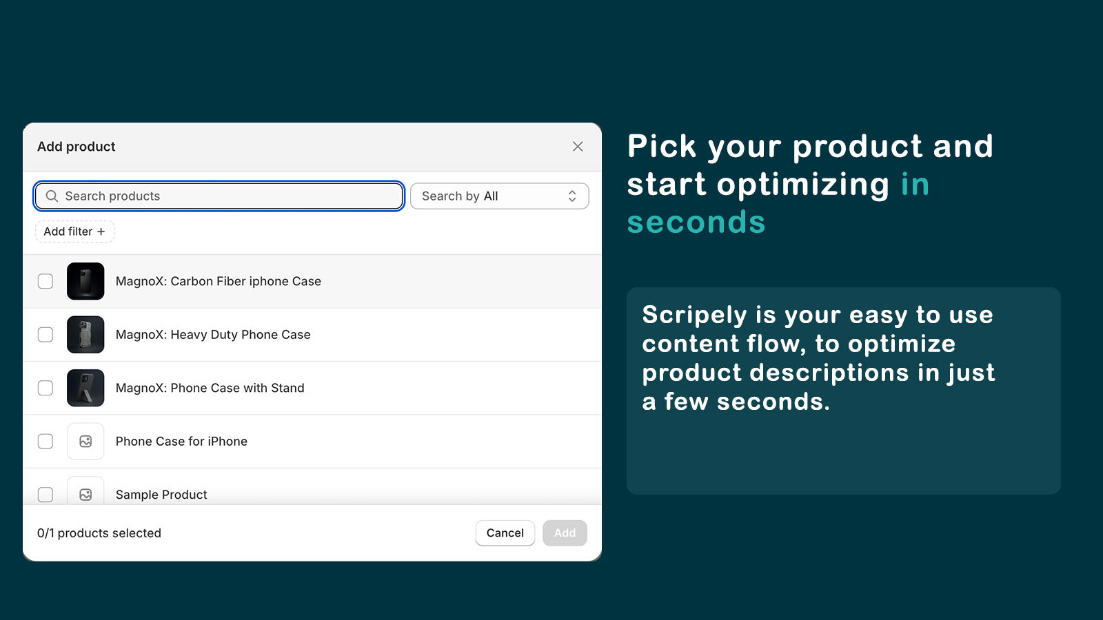 Product selection screen for content optimization