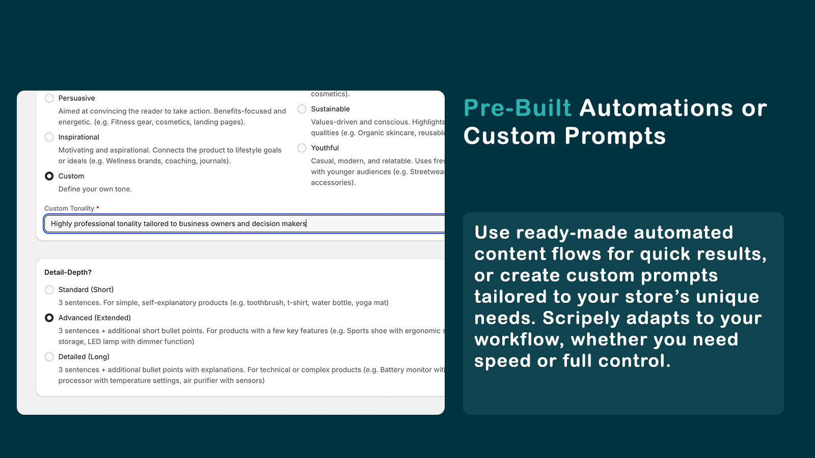Custom tone and detail settings for content creation
