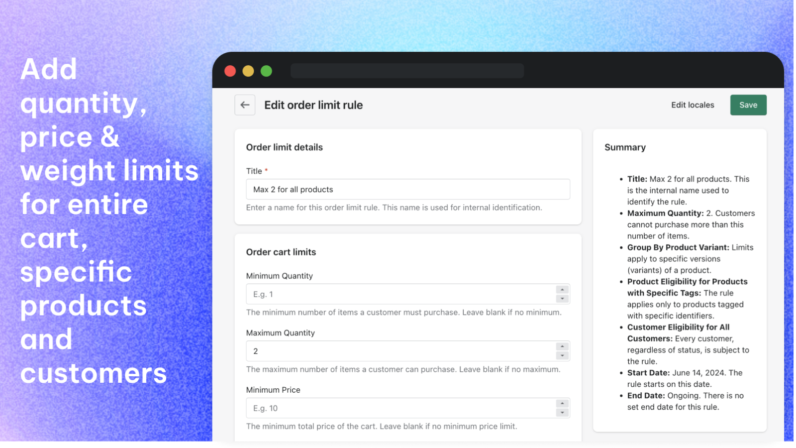 Add quantity, price &amp; weight limits for entire cart or products