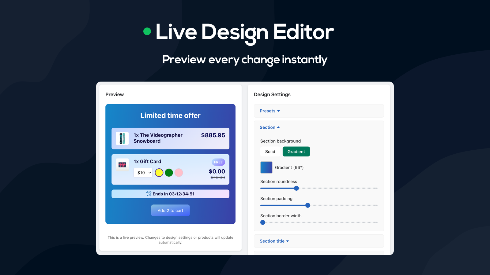 Live design (WYSIWYG) with patterns, badges, ribbons, timers
