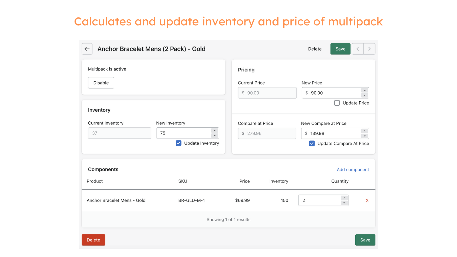 Calculates and update inventory and price of multipack