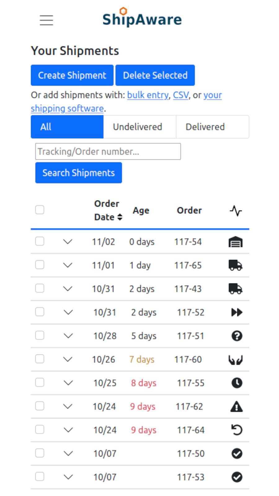 ShipAware Shipment Statuses Screen Mobile