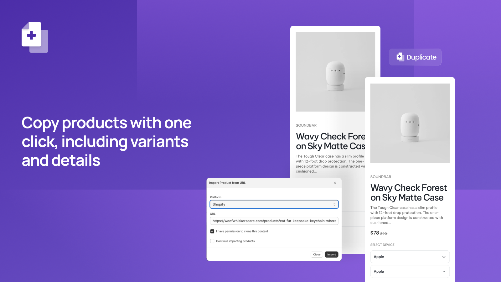 Copy products with one click including variants and details