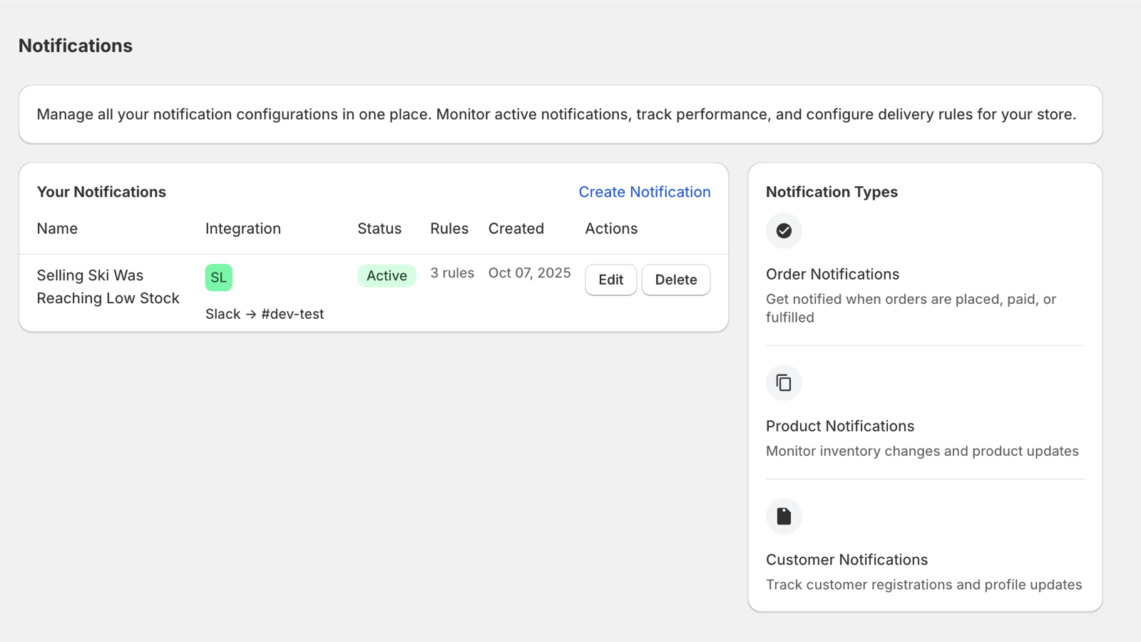 notifications setup list page