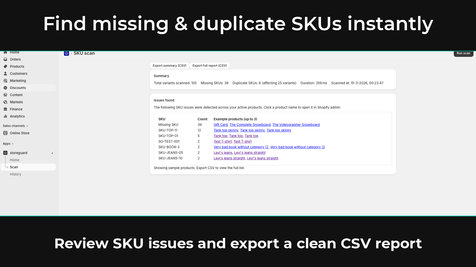 SKU scan results showing missing and duplicate SKUs