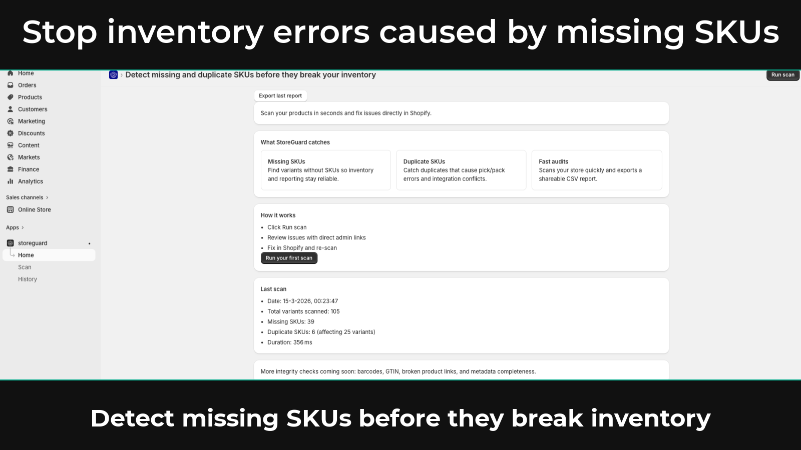 Dashboard showing SKU audit overview and product data checks