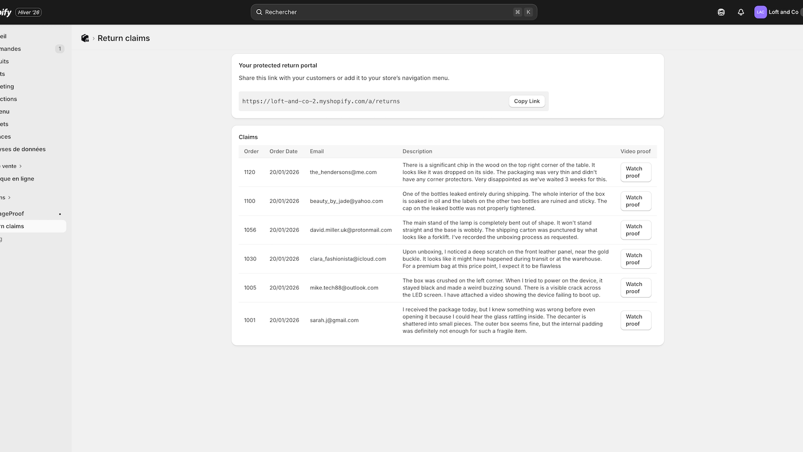 Return claims dashboard