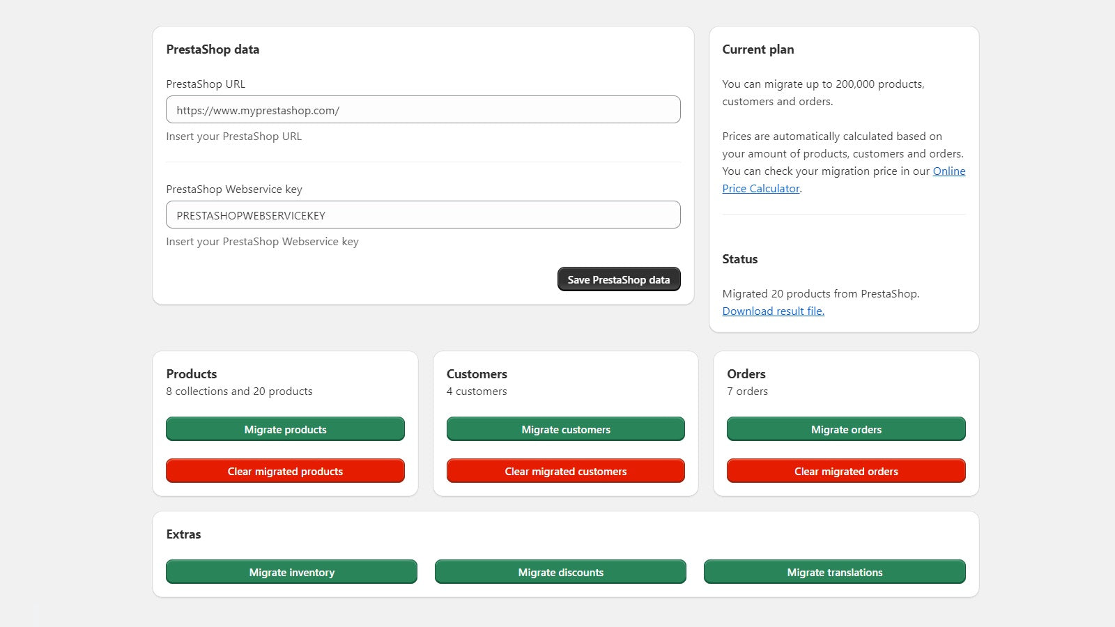 Insert your shop data and get the number of items to migrate