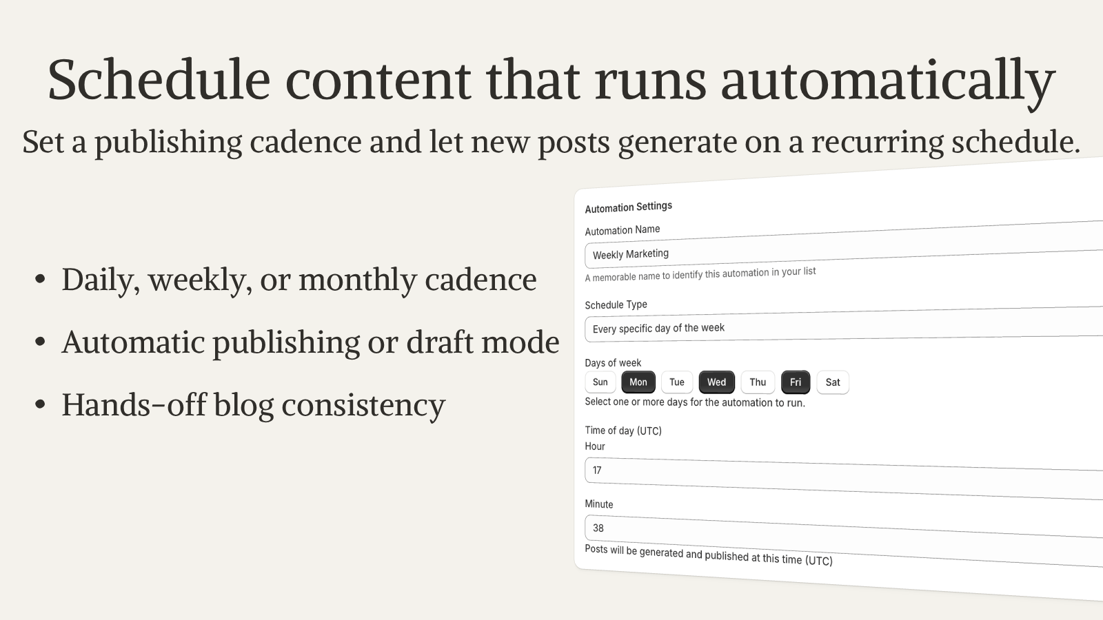 Automation schedule setup for recurring blog publishing