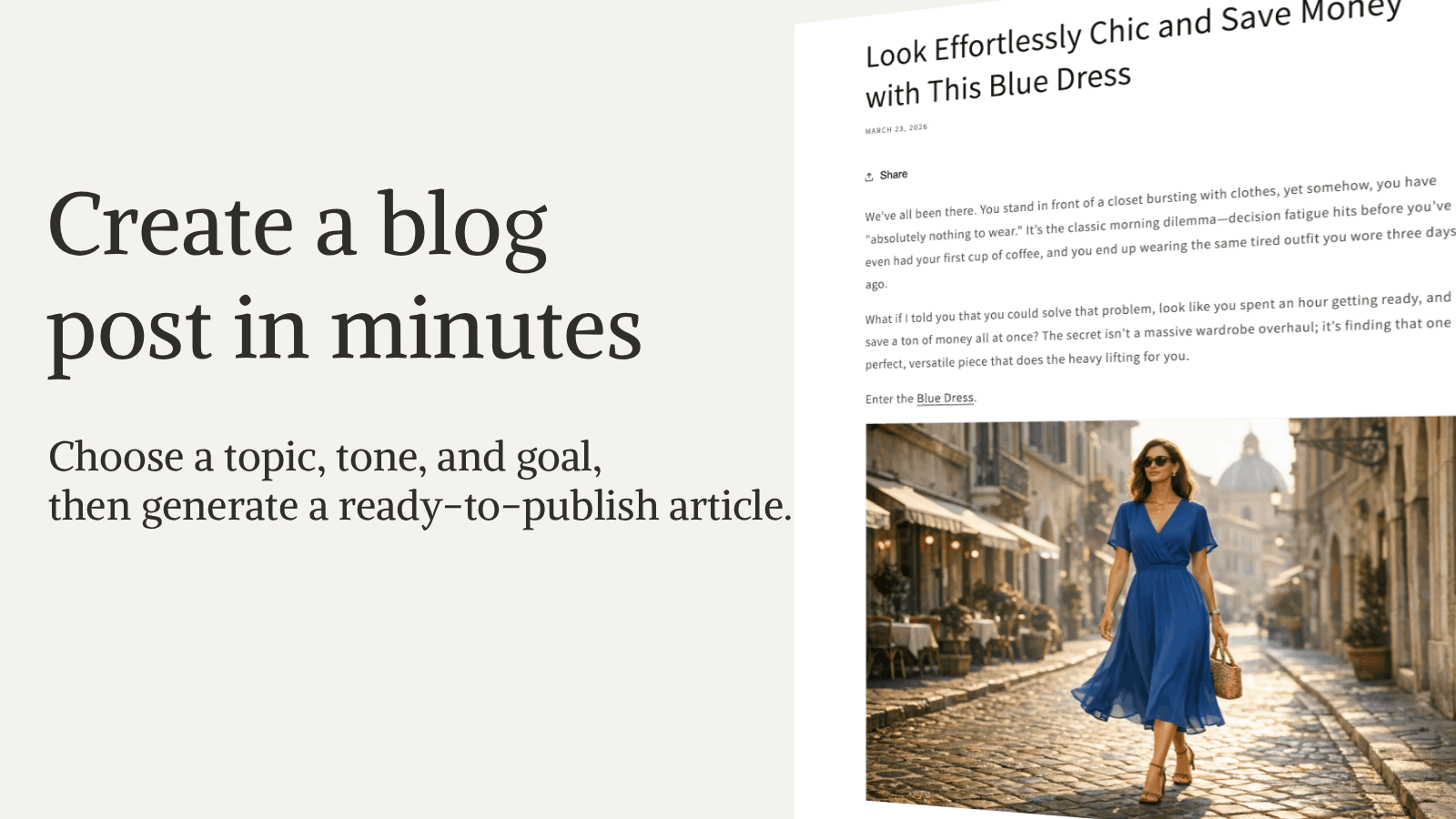 Blog post generator with topic, tone, and publish options