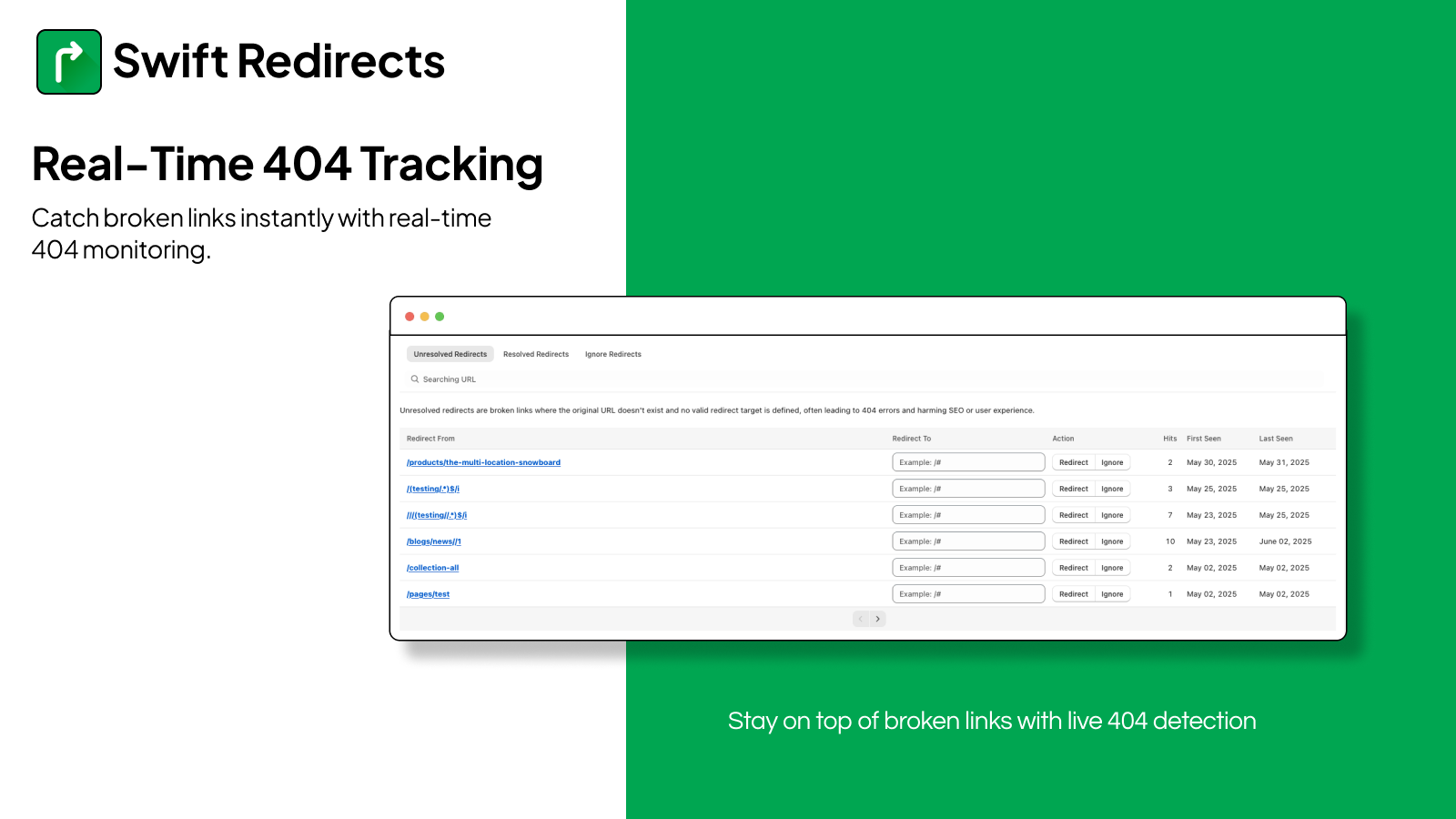 Real-time 404 tracking analysis by Shopify Swift Redirects App