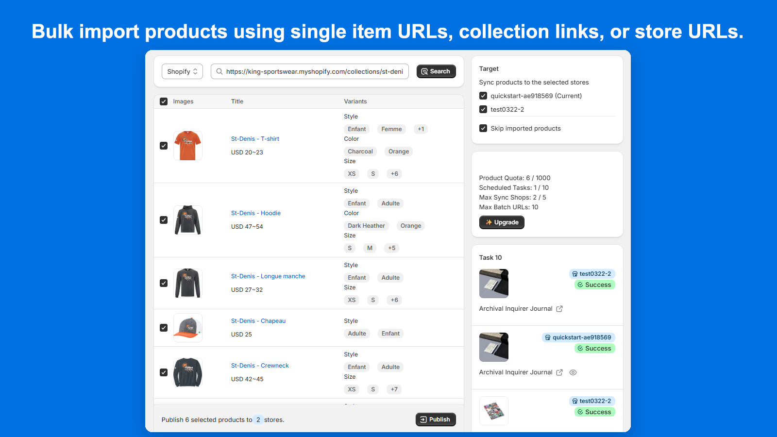 Bulk import products using single item URLs, collection links, o