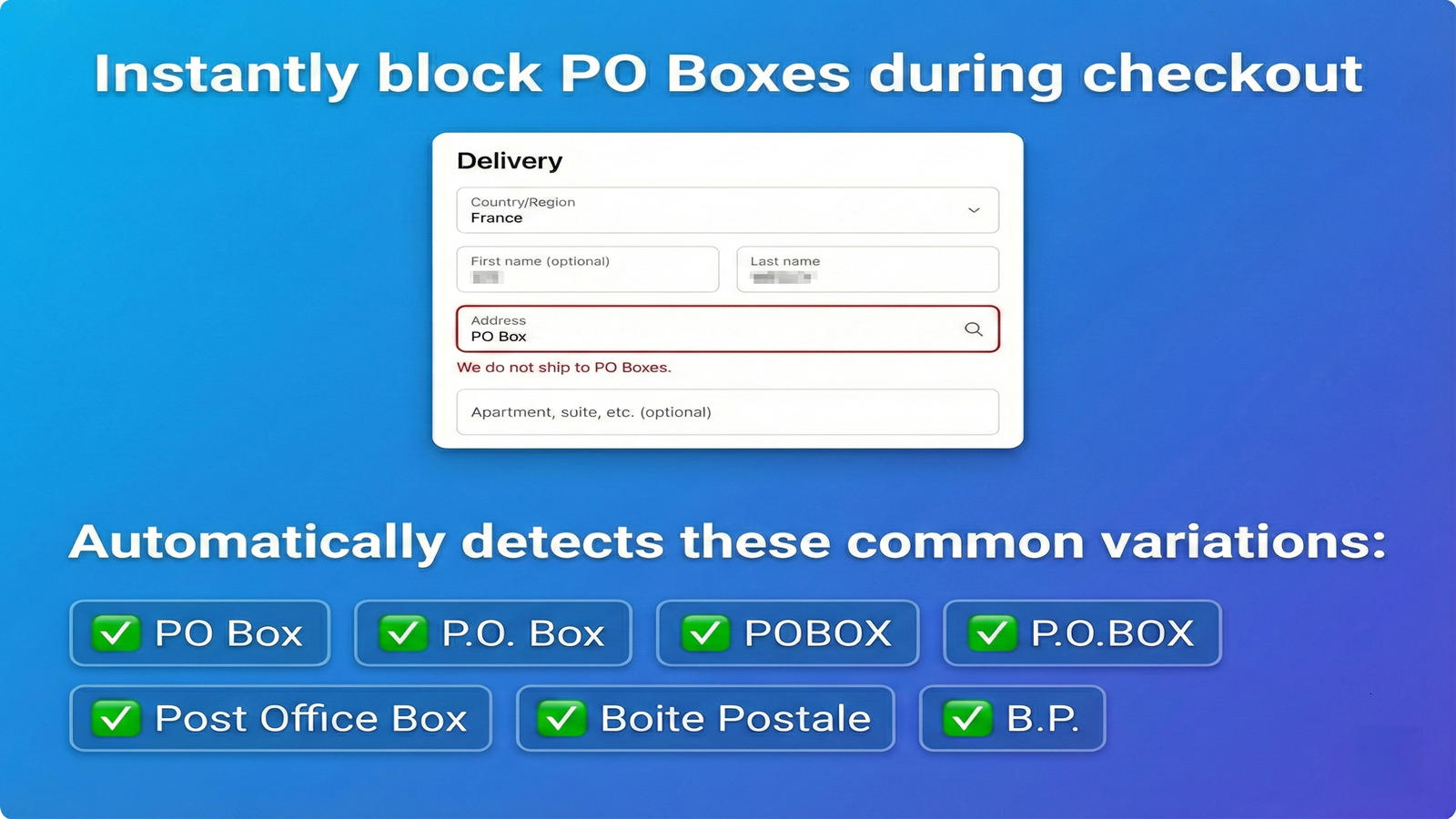 Checkout error showing detected PO Box address variations list.