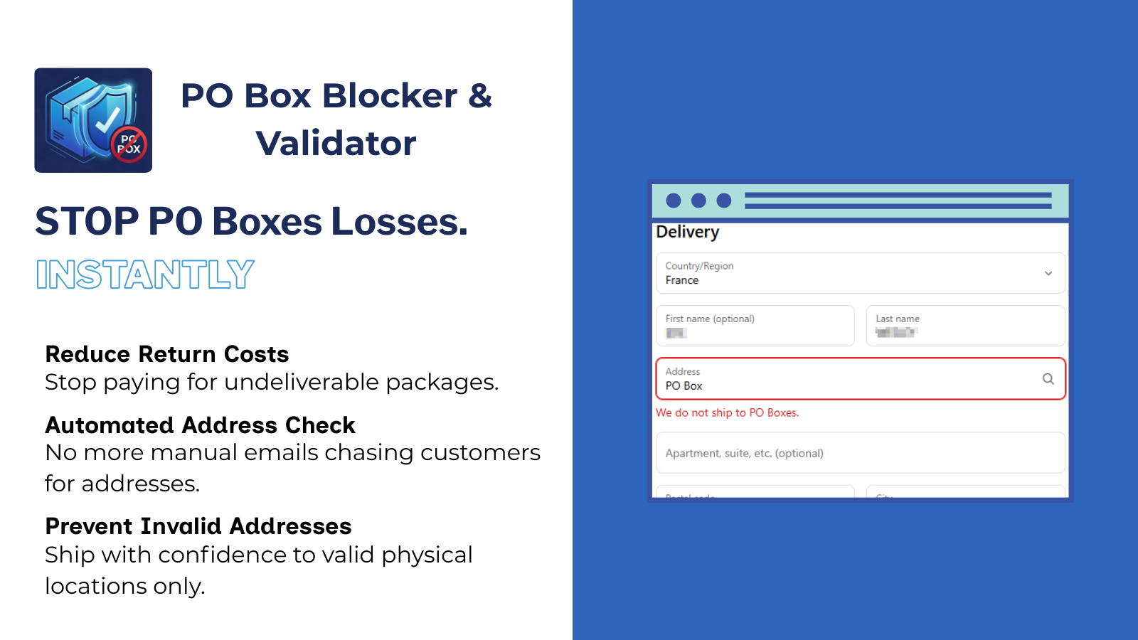 App banner: Instant PO Box blocking at checkout screen.