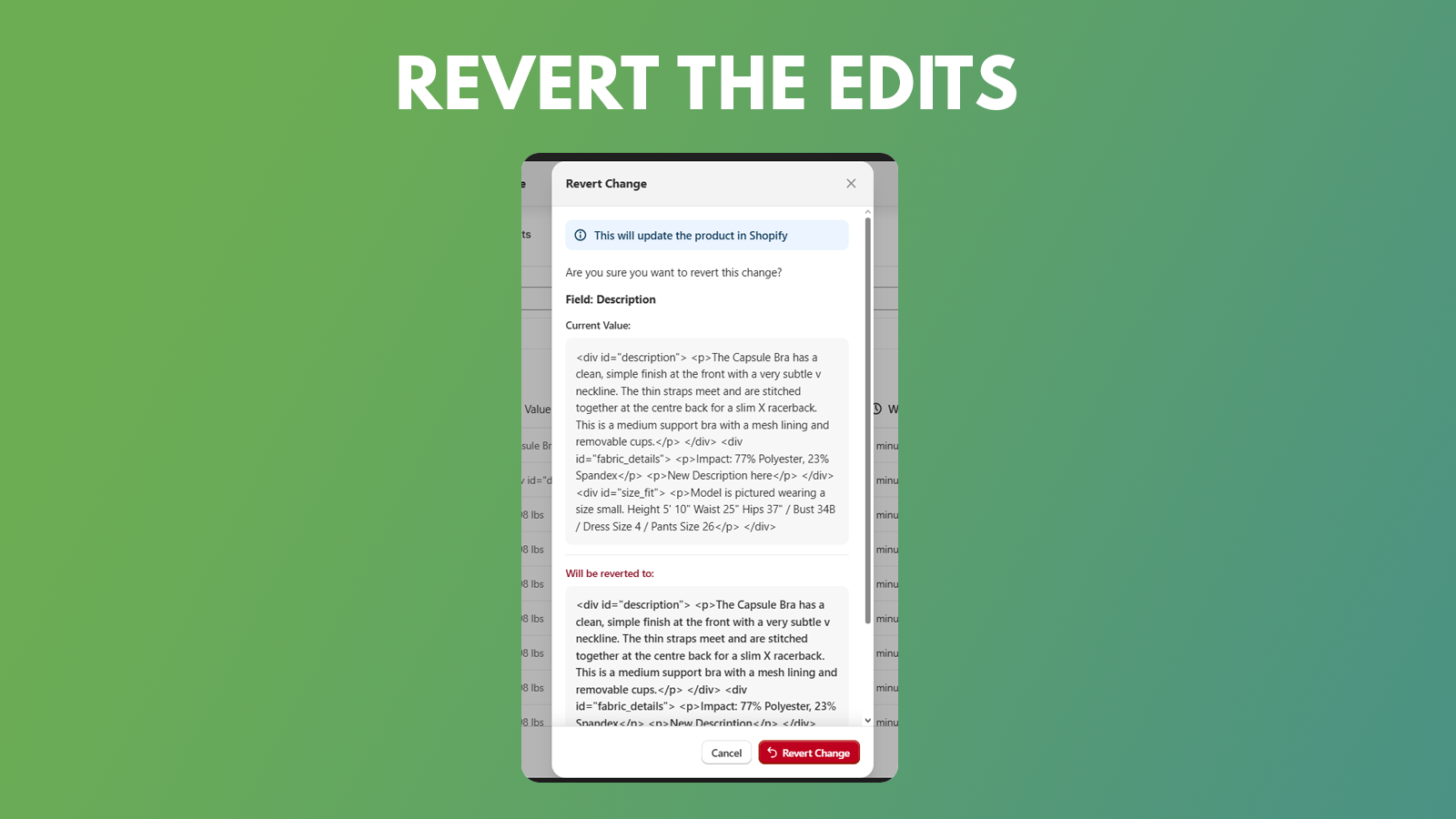 Product Log History, revert and undo product change