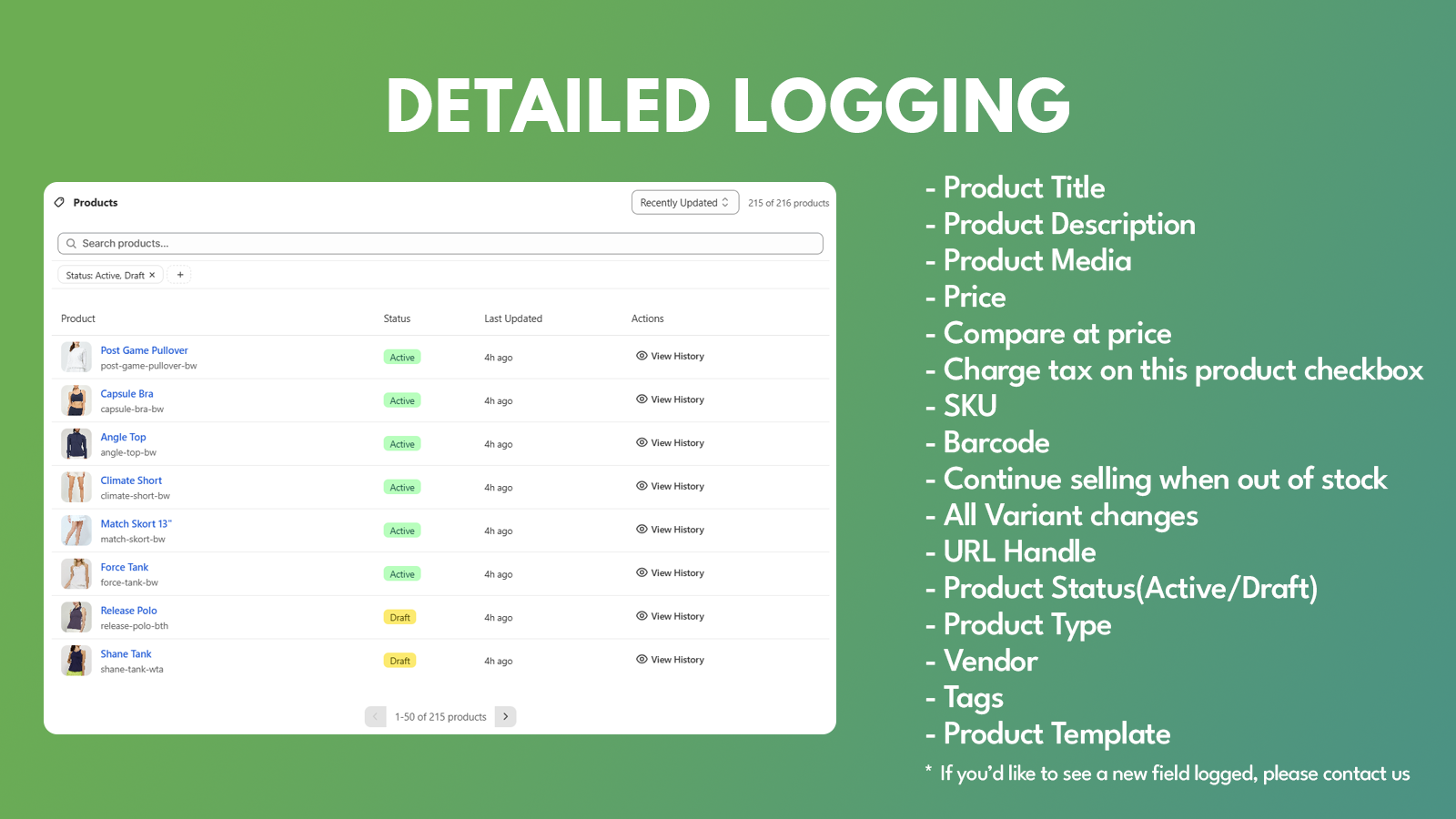 Edit History and revert history, Shopify Product Backup
