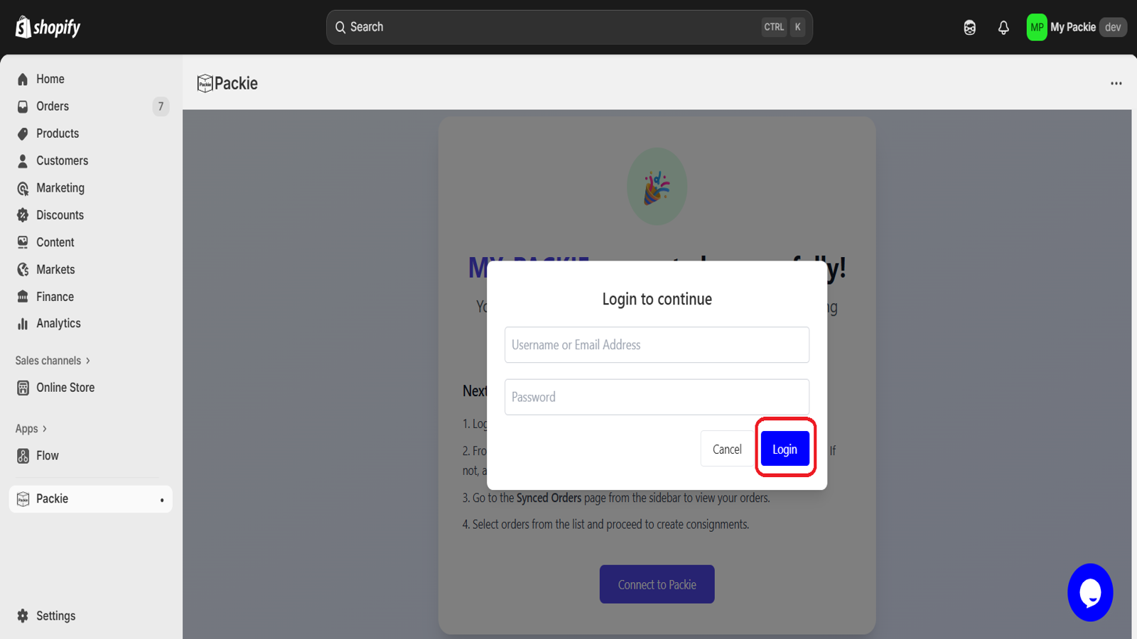 Login screen shown after clicking Connect to Packie