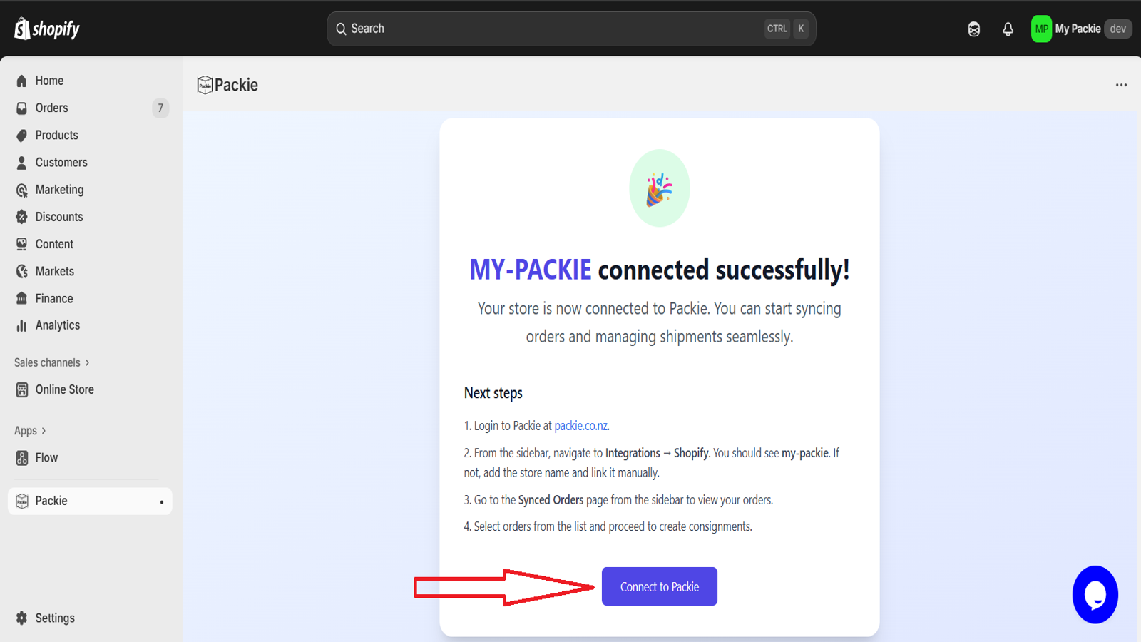 App installed successfully with Connect to Packie option