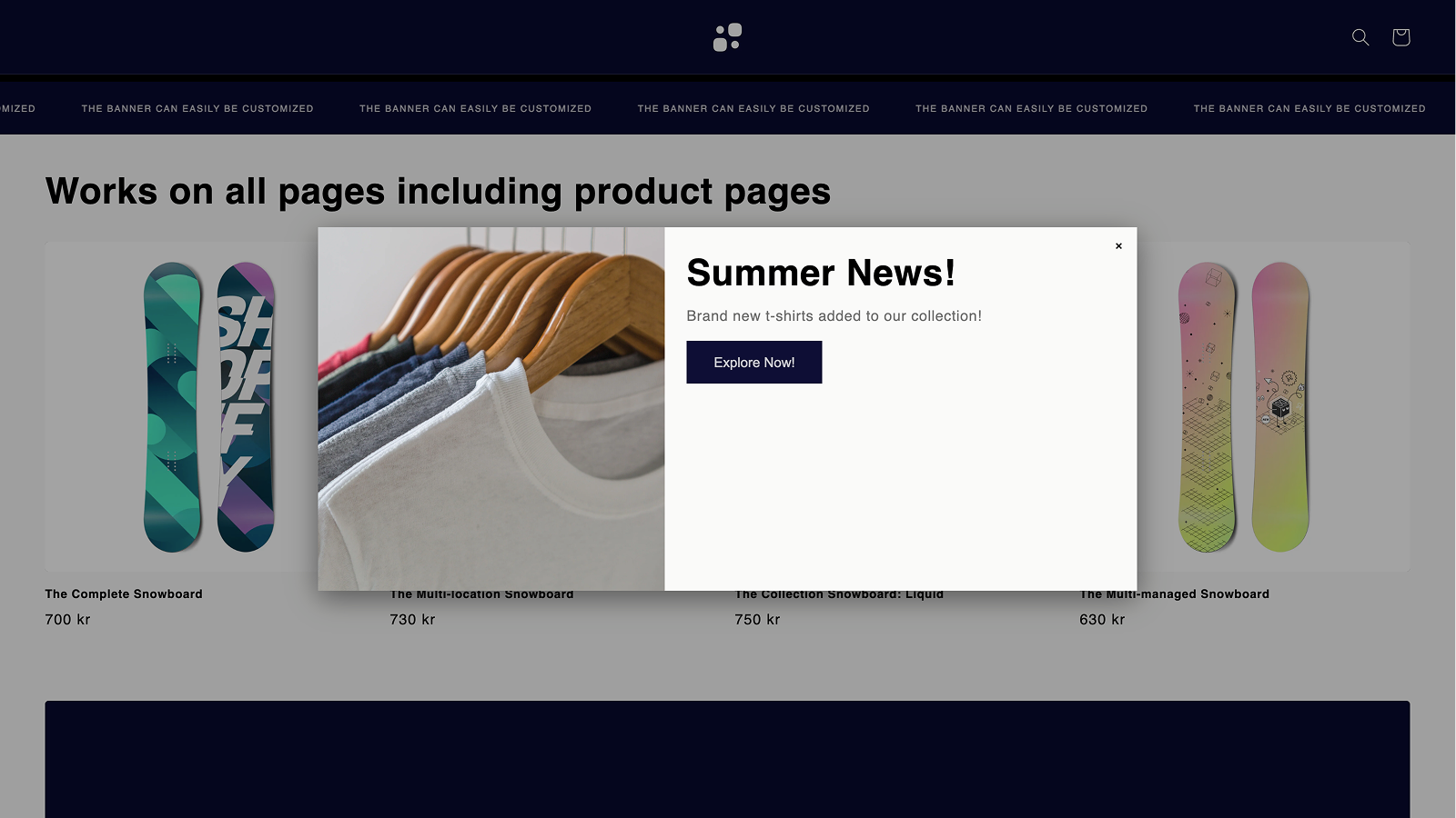 Popup showing tshirts and link to explore collection