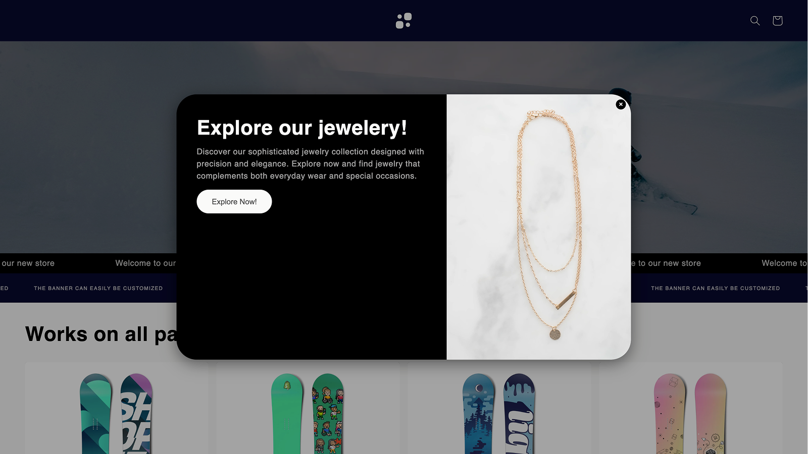 Popup showing an announcement for jewelry