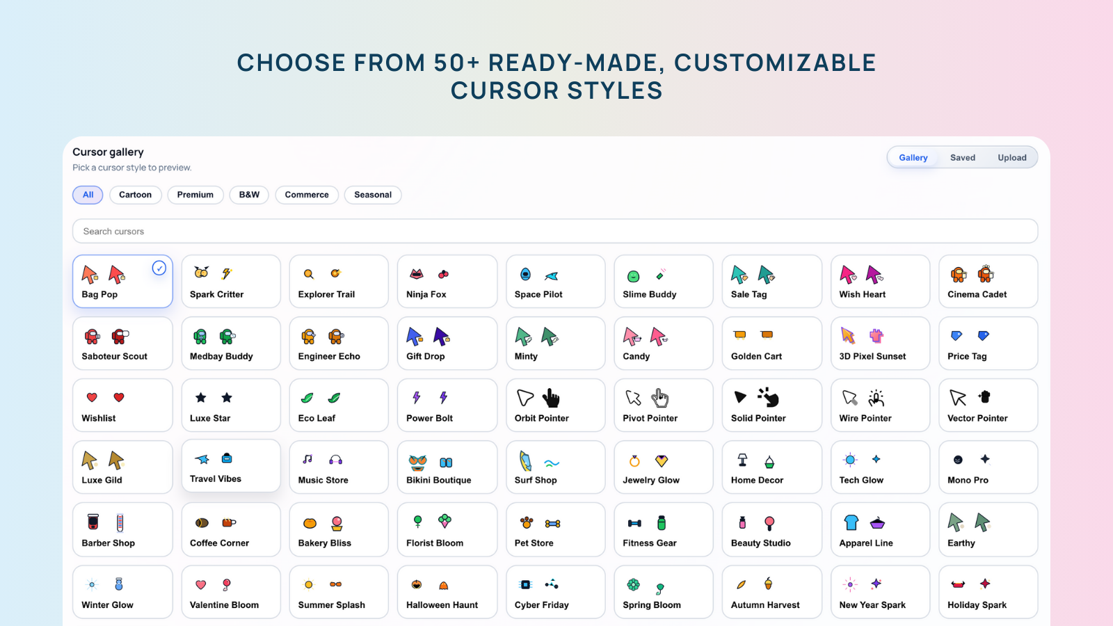 Cursor gallery with multiple themed packs