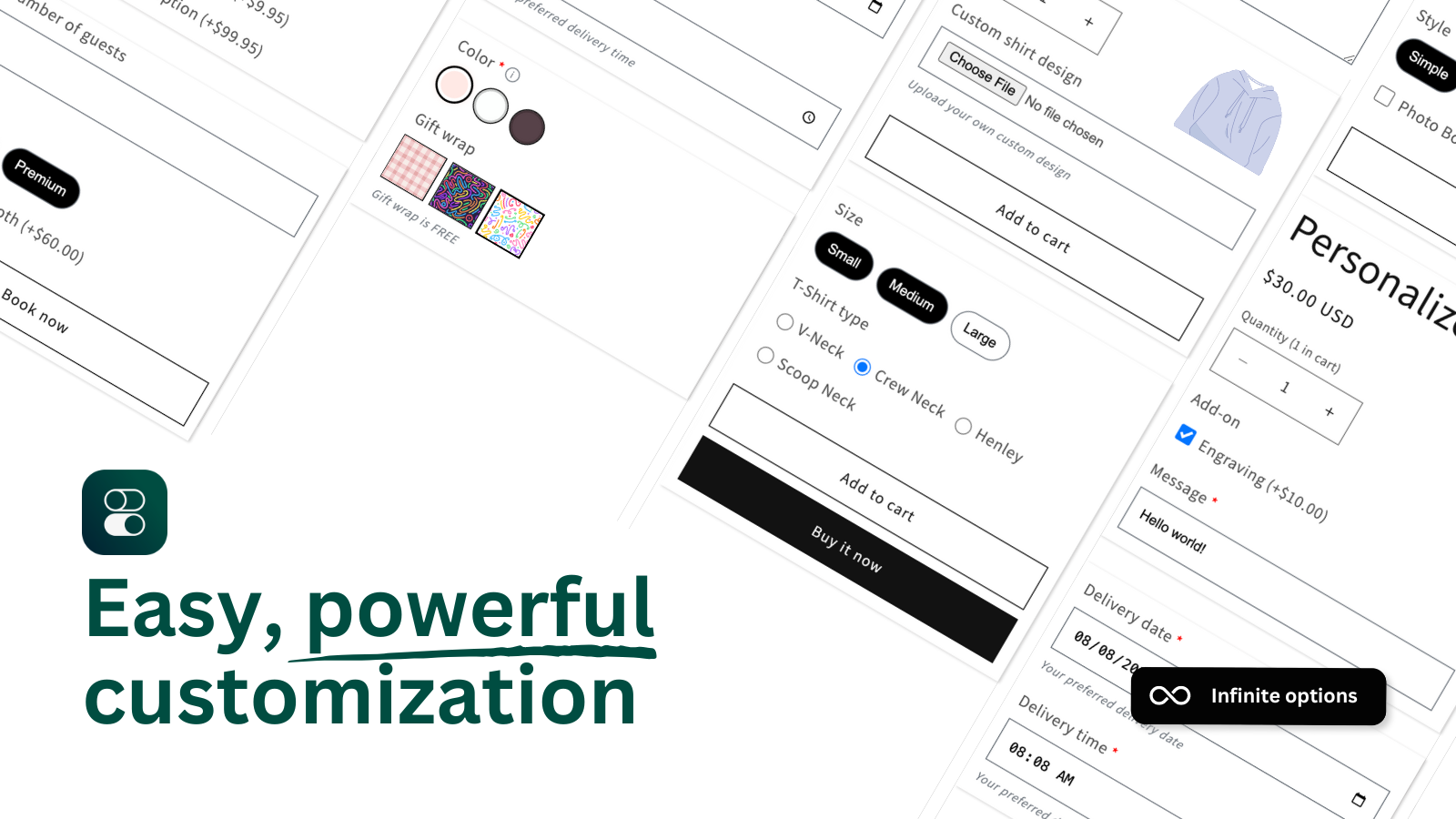 Custom product options, unlimited variants, color swatch