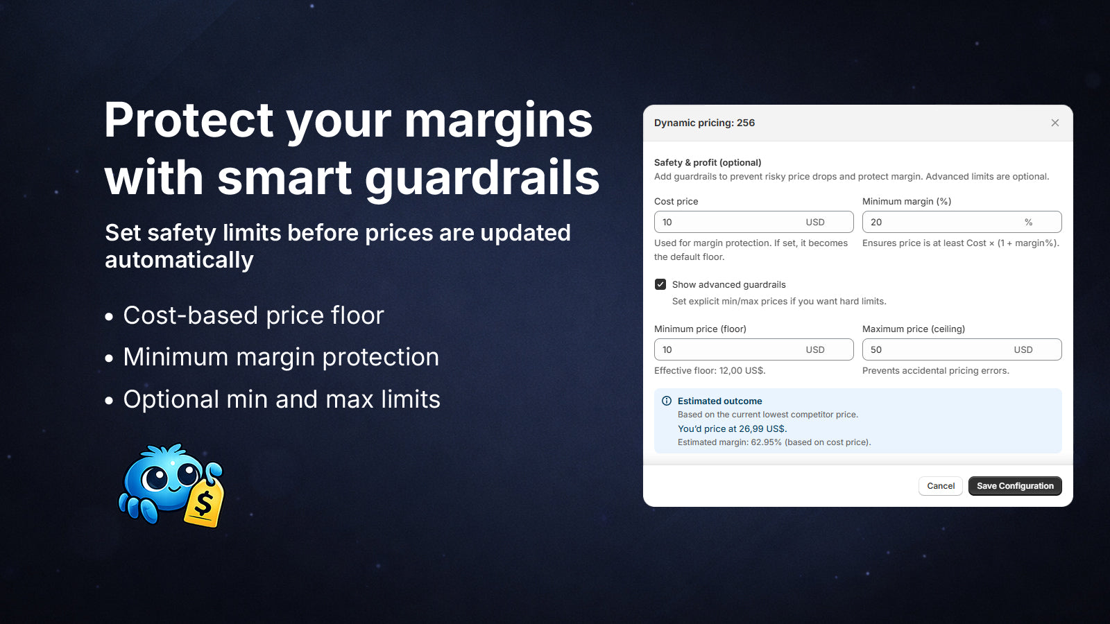 Margin guardrails with cost, minimum margin, and limits