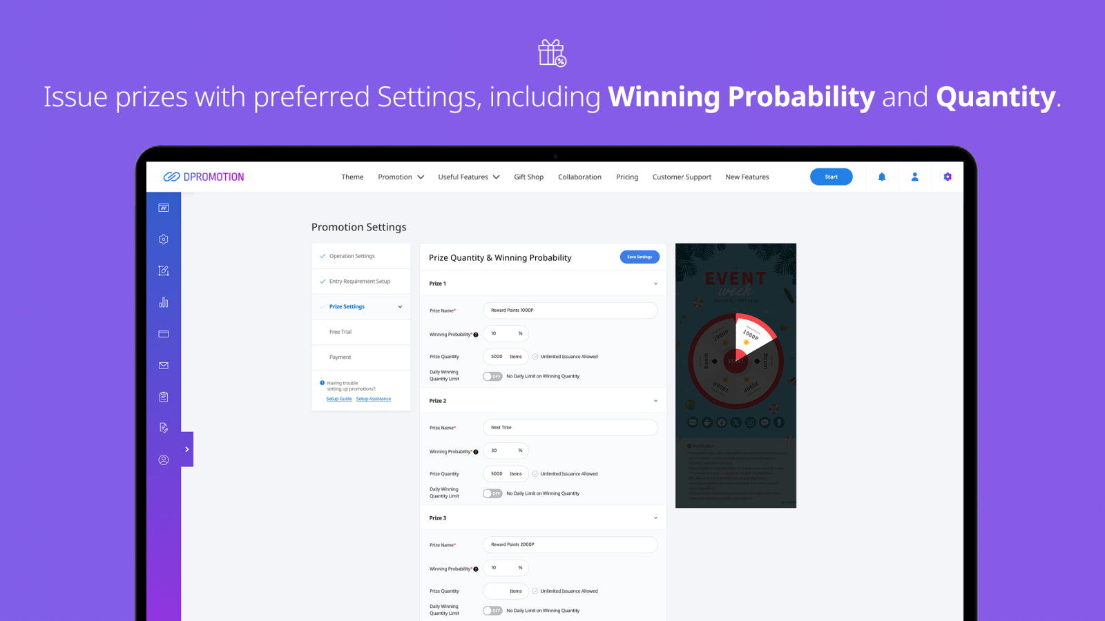 Set prizes with custom rules, including odds and quantity.