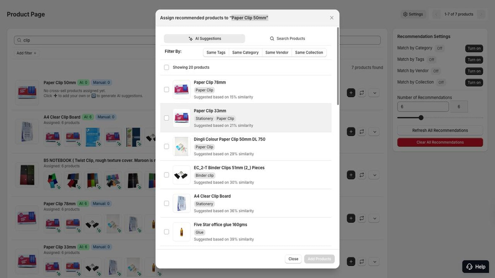 AI Similar Product settings