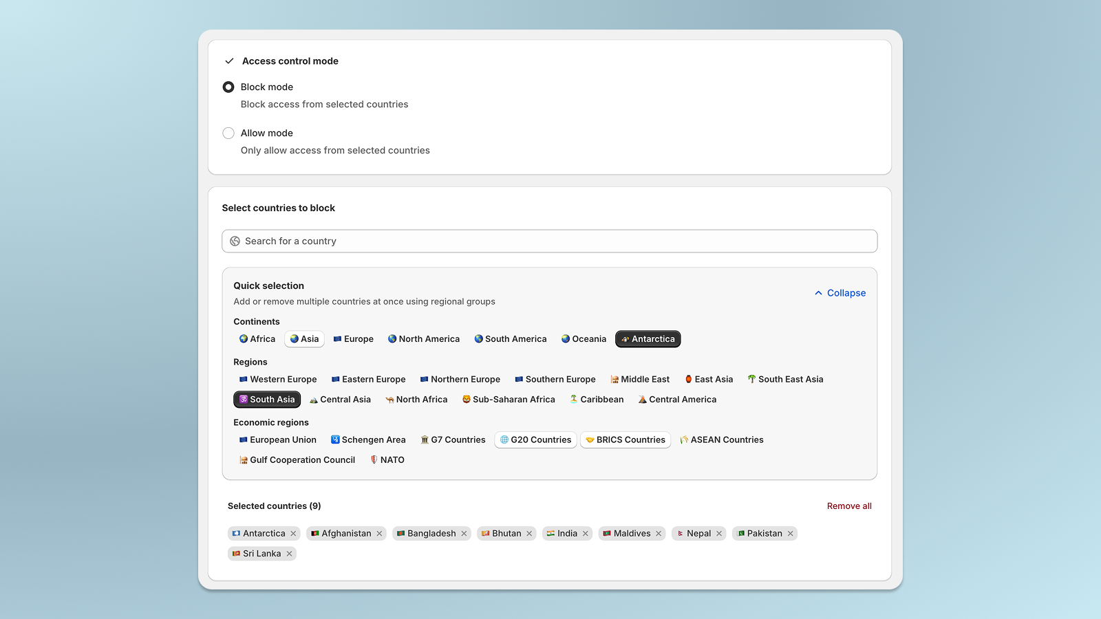 Geo-control interface with country and region selection