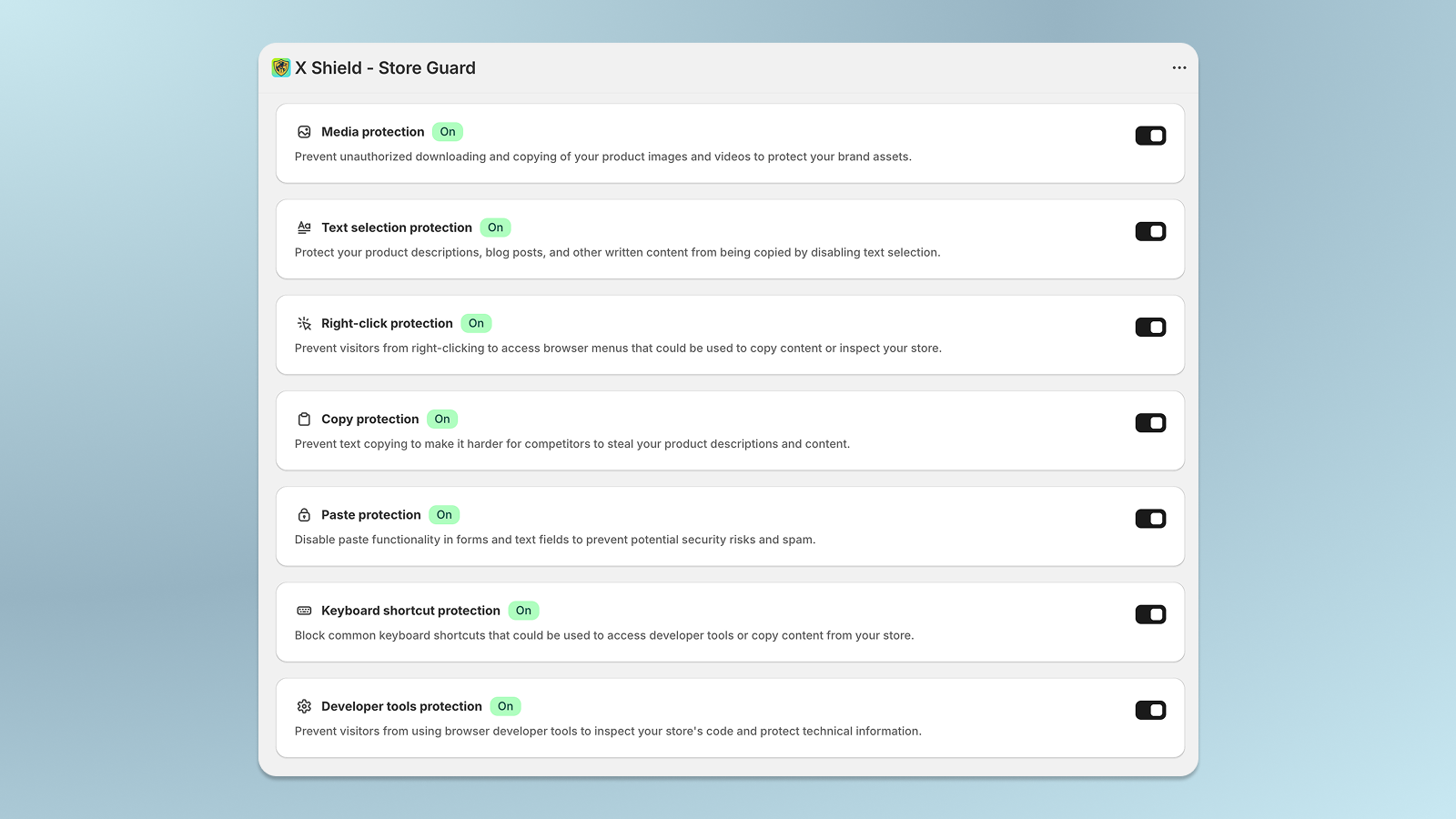 X Shield security dashboard showing protection features enabled
