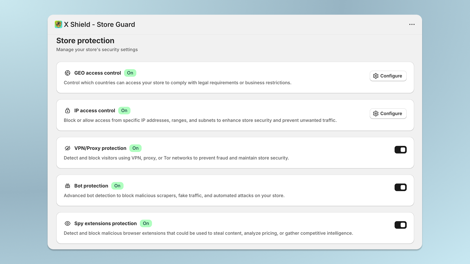 X Shield security dashboard showing protection features enabled
