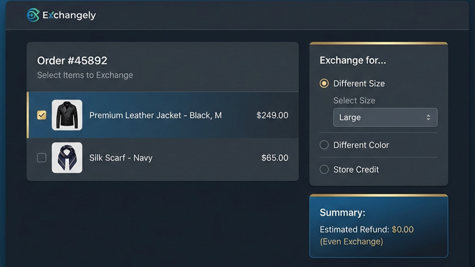 Customer portal interface for selecting items to exchange