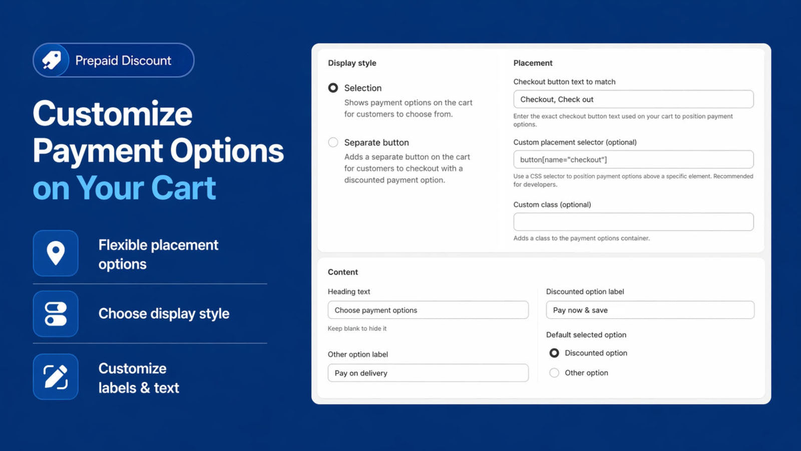 Customize Shopify cart payment options with flexible settings