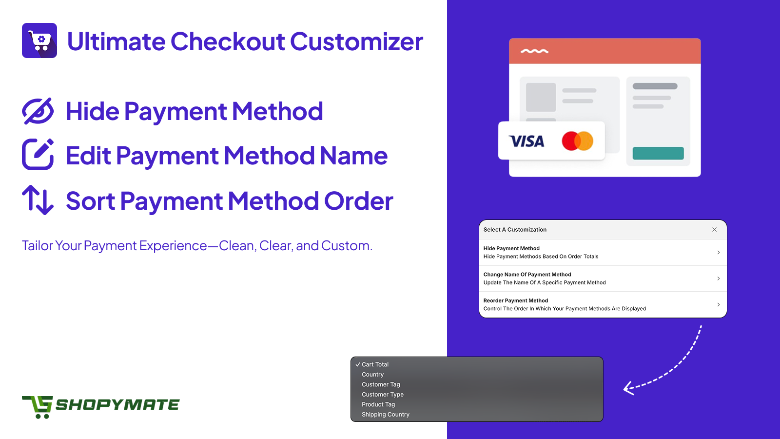 Customize payment methods: hide, rename, and reorder options