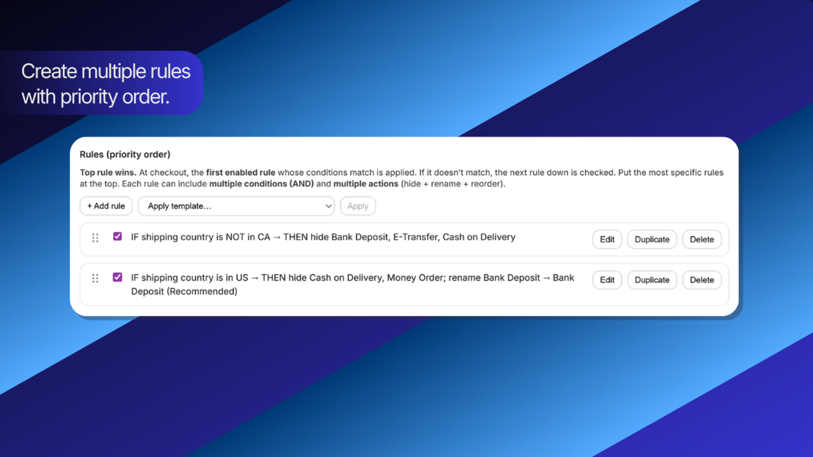 Rules list showing priority order for payment method rules