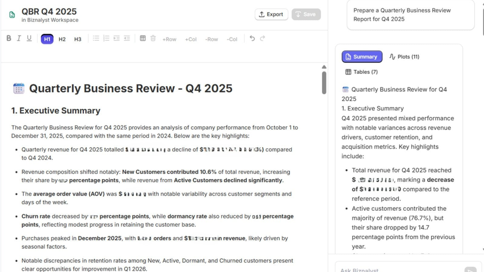 Agent generated QBR report added to Biznalyst documents