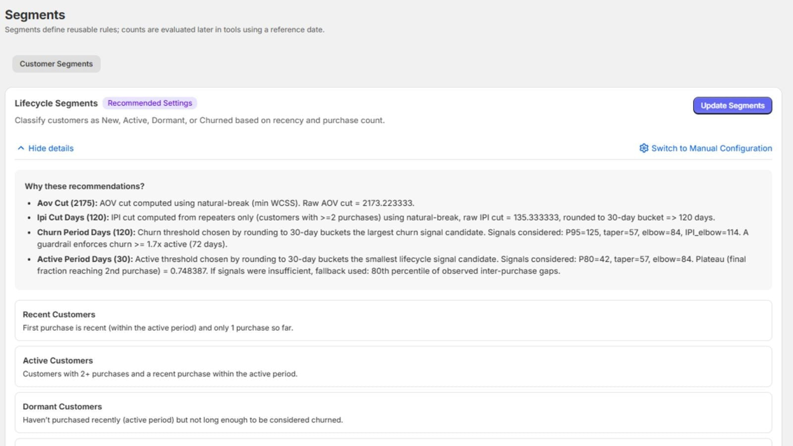 Auto segments configuration with manual update option