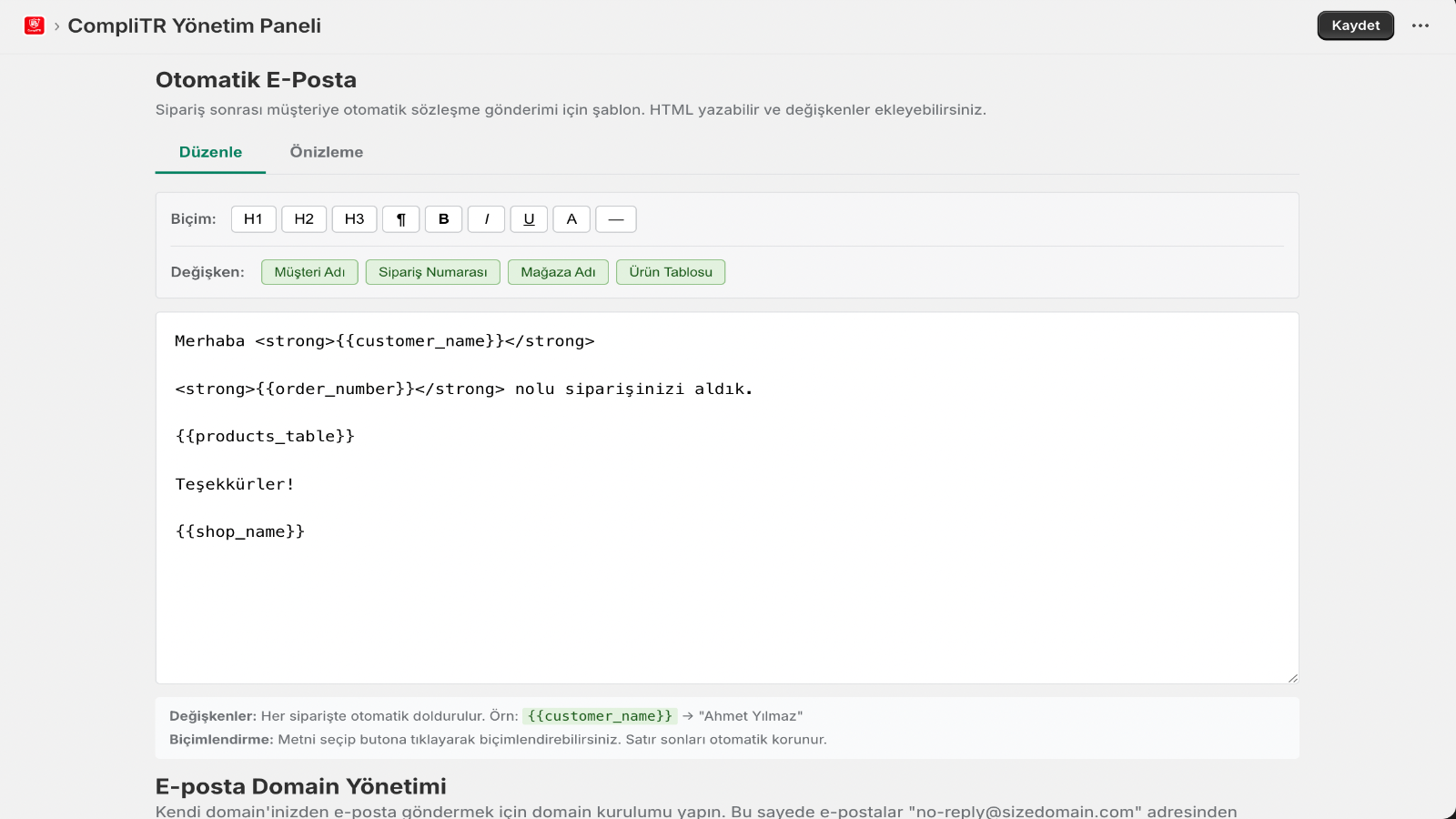 HTML e-posta şablon editörü, otomatik Mesafeli Satış e-postaları