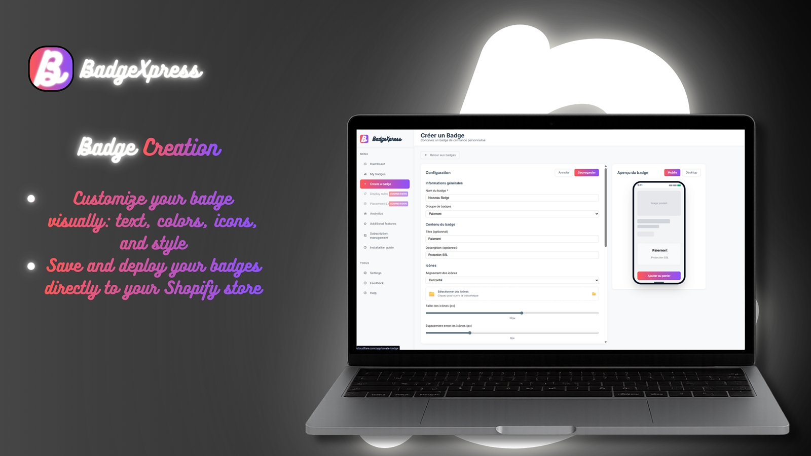 Visual badge creation: text, colors, icon, style