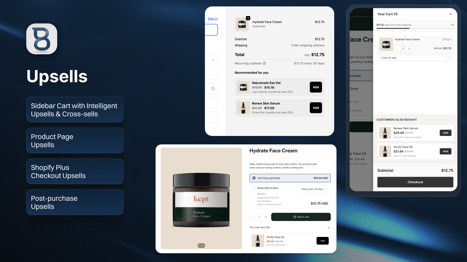 Upsells in sidebar cart, checkout, post purchase and product pag