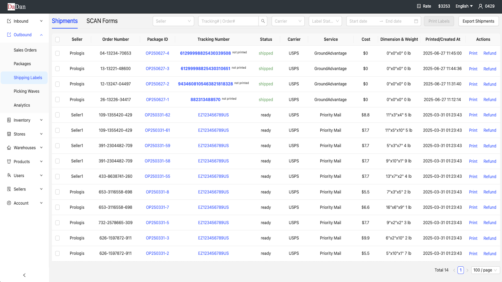 shipping label list page