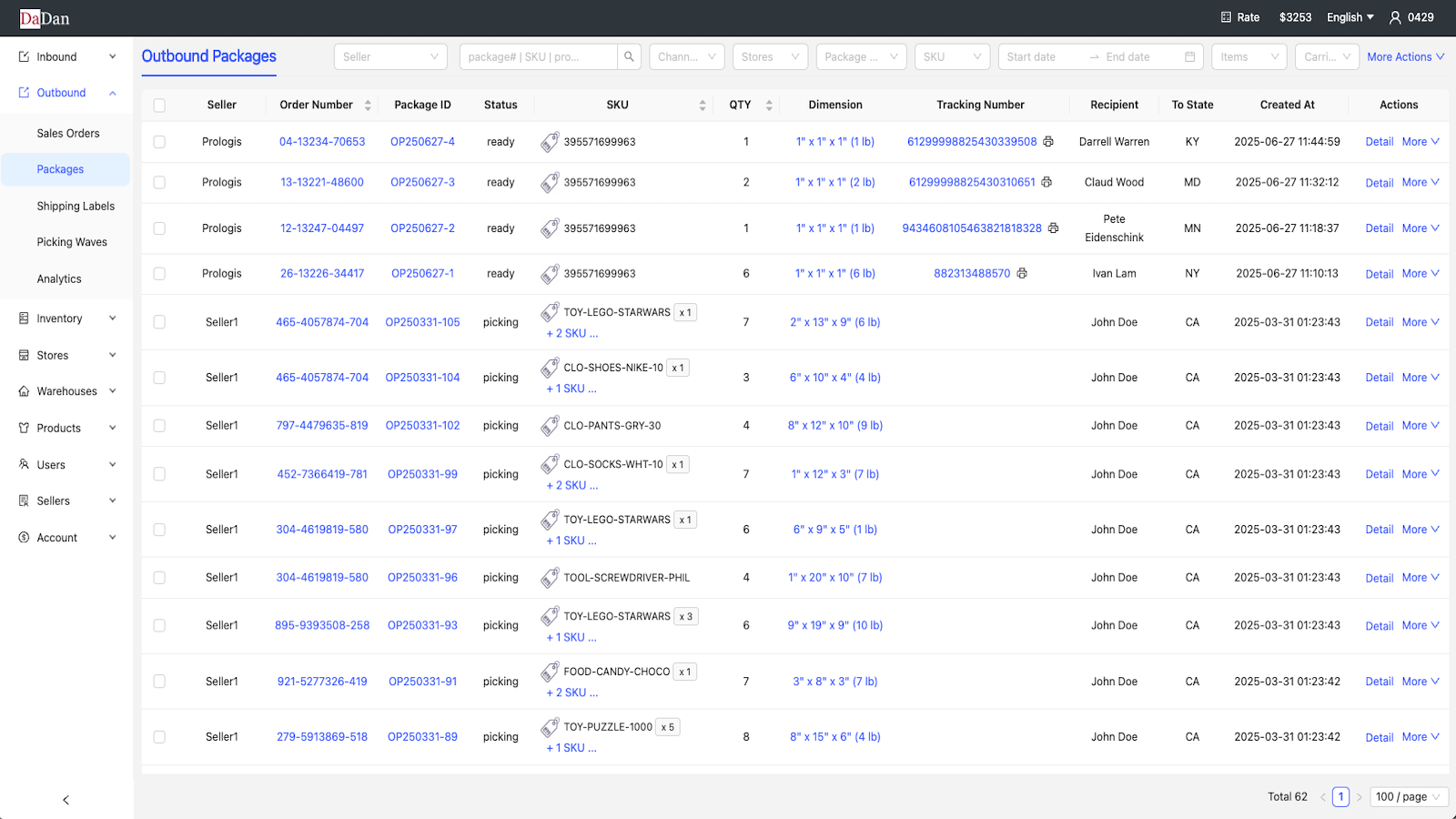 outbound package list page