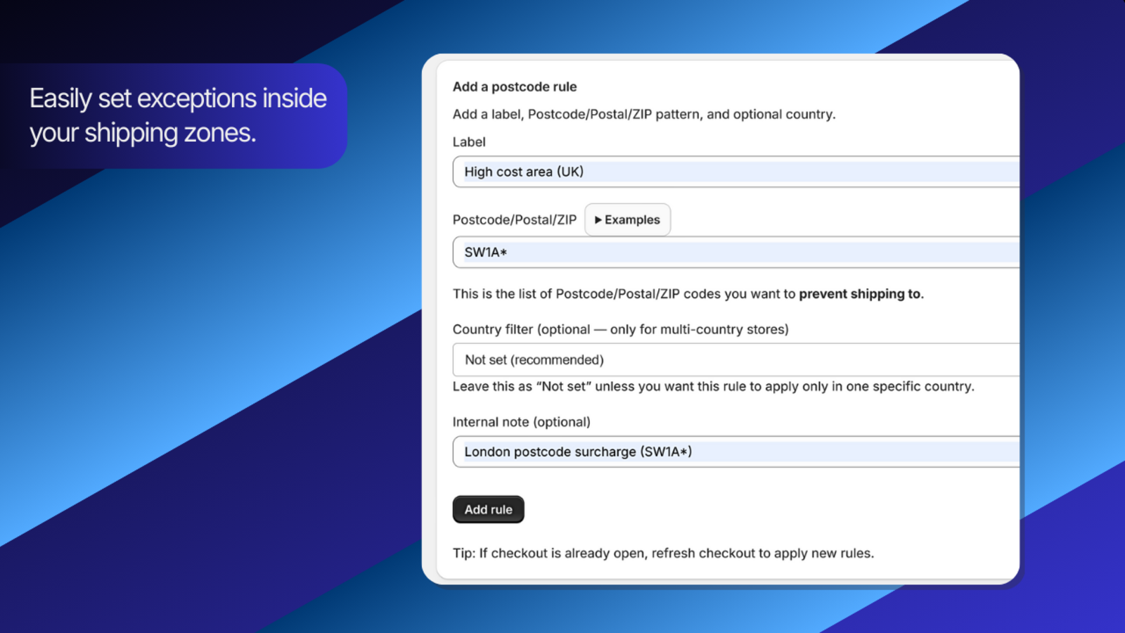 Create a rule: label and Postcode/Postal/ZIP values