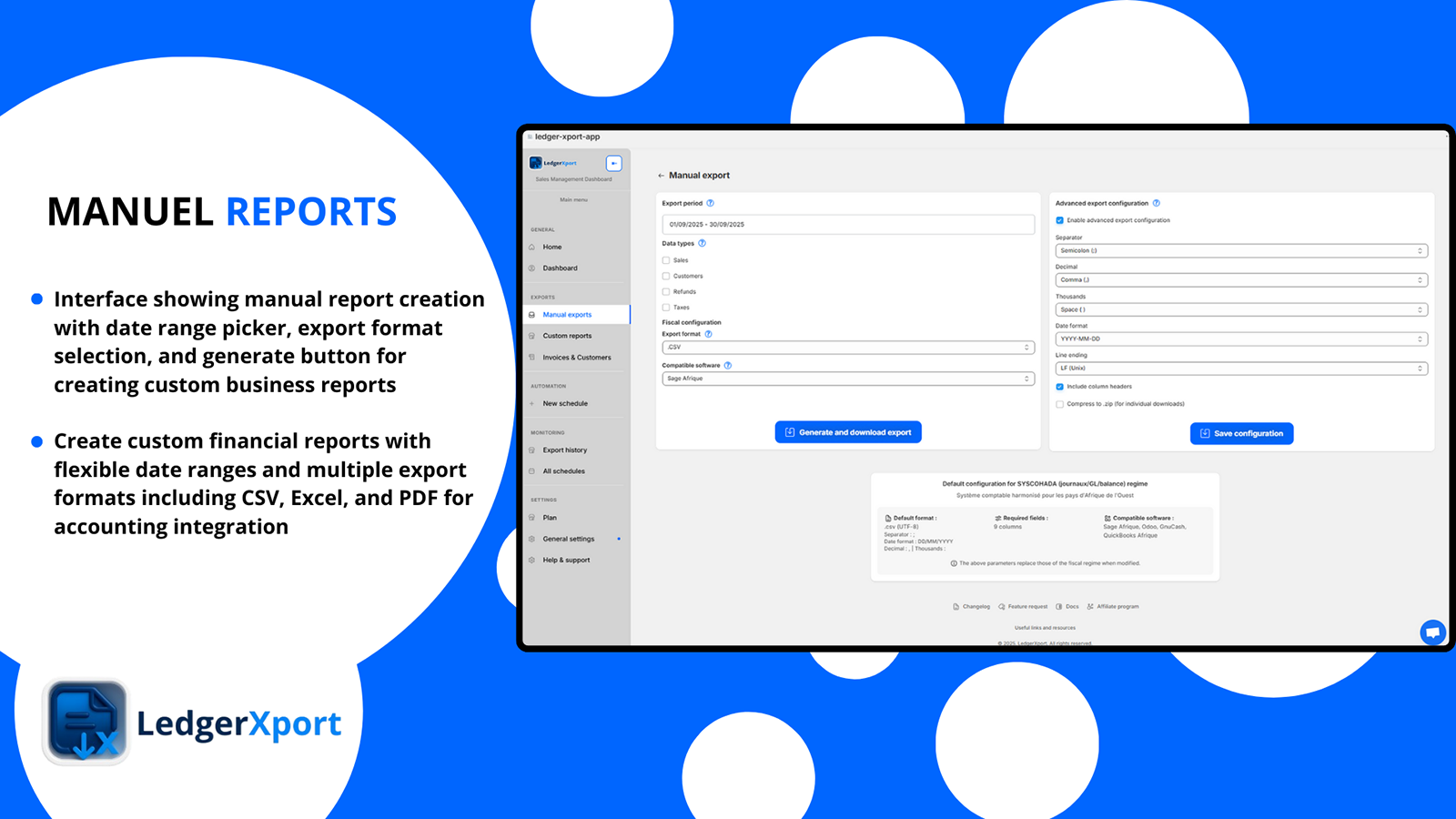 Configure advanced report settings and data selection