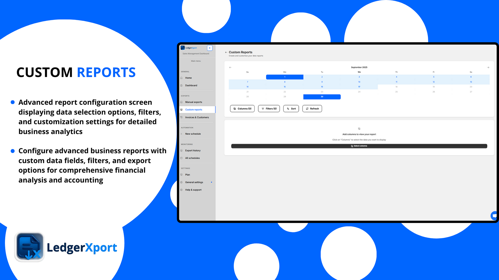 Create custom reports with date range and export options
